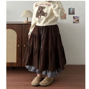 빈티지 스타일 코듀로이 체크 스커트 여성용 봄 시즌 더블 레이어 디자인 독특한 스플라이싱 케이크 롱 스커트 하이 웨이스트 A라인