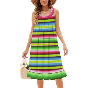 라임 그린 멕시칸 세라페 블랭킷 스트라이프 여성용 우아한 파티 드레스 A라인 드레스 (짧은/긴/소매 없는 옵션) 멕시코 스타일