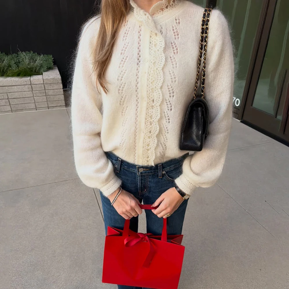 Talenza 화이트 여성용 카디건 패션 레이스 속이 빈 캐주얼 오버 사이즈 봄 스웨터 세련된 통근 스트리트웨어 여성 점퍼