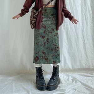 SUCHCUTE y2k 빈티지 꽃 프린트 미디 스커트 여성 하라주쿠 페어리 코어 그린 스트레이트 맥시 스커트 미적 달콤한 소녀 옷