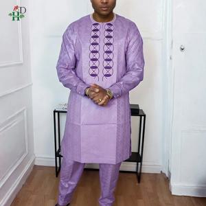 H&D 남성용 아프리카 전통 의상 아그바다 세트 2피스 퍼플 바진 리치 셔츠 바지 자수 웨딩 파티 정장 플러스 사이즈