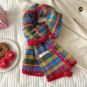 레트로 캔디 컬러 체크 무늬 엣지 스카프 여성 가을 ​​겨울 커플 스타일 따뜻함 보온 넥 워머 스카프 한국어 버전