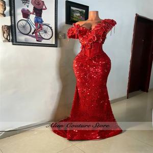 레드 아소 에비 댄스 파티 드레스 2026 흑인 소녀 오프 숄더 크리스탈 아플리케 스팽글 공식 웨딩 파티 파티 가운 맞춤형