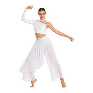 여성용 리리컬 컨템포러리 댄스 의상, 원숄더 라인스톤 크롭탑과 스커트 레오타드, 발레, 스케이팅, 체조용