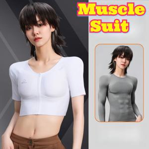 근육 슈트 보디빌딩 의상 반팔 심리스 체스트 바인딩 플랫 컴프레션 리얼리스틱 근육 강화 얇은 인서트