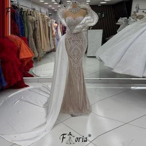 꾸뛰르 화이트 비즈 크리스탈 정장 이브닝 파티 가운 두바이 랩 누드 안감 사이드 트레인 프롬 드레스 롱 웨딩 베스티도스 2026