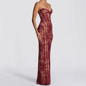 여성용 스트랩리스 바디콘 맥시 드레스 2026 스트라이프 백리스 우아한 파티 이브닝 가운 캐주얼 여름 의류