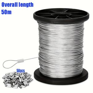 50m/196ft 스테인리스 스틸 와이어 로프(50개 알루미늄 크림프 포함), 7x7 스트랜드 코어 304 케이블(야외 걸이용, 빨랫줄, 정원용)