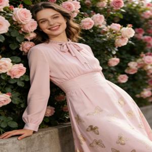 RANGWU 우아한 핑크 맥시 드레스 2026 새로운 보우 넥 긴 소매 나비 프린트 롱 드레스 여성용 데일리웨어 휴가 베스티도