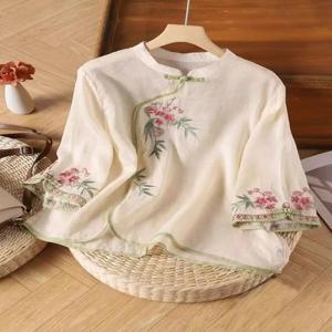 새로운 중국 스타일의 면 린넨 복고풍 단추 장식 민족풍 무거운 자수 자외선 차단 민소매 얼굴 가리개 마스크 여름 패션