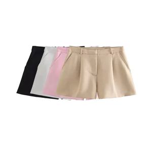 여성 패션 사이드 포켓 프론트 다트 버뮤다 쇼츠 빈티지 하이웨이스트 지퍼 플라이 여성 반바지