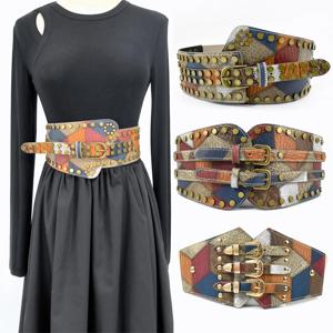 Deepeel 70cm 패션 레트로 리벳 Cummerbund 핀 버클 와이드 벨트 여성 장식 코르셋 드레스 셔츠 여성 탄성 허리띠