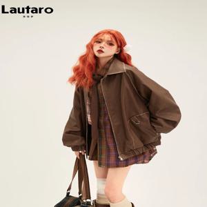 Lautaro 여성용 오버사이즈 디스트레스드 블랙 소프트 인조 가죽 재킷, 지퍼 메일라드 스타일 의류, 멋진 레트로 용수철 가을