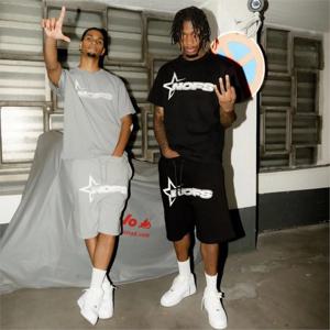 Y2K 짧은 Kpop 스트리트 패션 프린트 남녀공용 반팔 상의, 캐주얼 루즈 드로스트링 반바지, 남성 의류 티