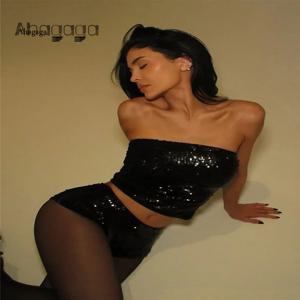 Ahagaga 섹시한 클럽 스팽글 여성 수트 세트, 단색 슬림 포장 가슴 민소매 운동복, 2 개 (상의 + 반바지) 패션