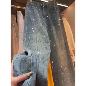여성을위한 핫 스탬핑 다이아몬드 청바지 2025 봄 가을 유행 반짝 이는 리벳 넓은 다리 바지 여성 스트레이트 느슨한 데님 바지