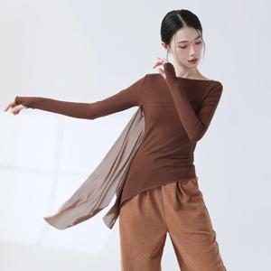 클래식 댄스 연습복, 손가락 소매 측면 분할 얇은 명주 그물 디자인, 중국 스타일 캐주얼 의상, 시크한 무대 공연 코스튬