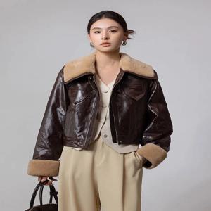 여성용 울 칼라 시크 가죽 봄버 재킷, 2024 가죽 짧은 블랙 코트, 실용적인 자케타 구스 다운
