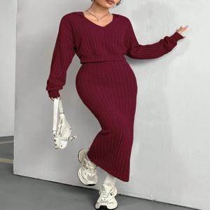 2pcs 세트 여성 니트 느슨한 긴 소매 빨간 드레스 정장 가을 새로운 후드 스웨터 유행 캐주얼 통근 정장