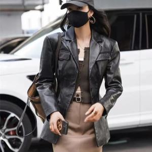 봄 가죽 자켓 숙녀 한국 빈티지 허리 폐쇄 어깨 패드 정장 코트 헤드 레이어 야채 무두질 양피 블레이저