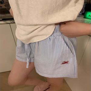 HOUZHOU 블루 스트라이프 편지 자수 반바지 여성 넓은 다리 한국 패션 짧은 바지 Drawstring Baggy 캐주얼 Jorts 여름