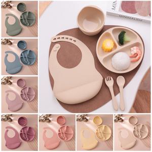 컬러 키즈 5종 실리콘 아기 식기 세트 흡착식 접시 BPA 프리 흡착볼 턱받이 스푼 포크 훈련용 식기 선물 세트