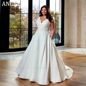ANGEL 정교한 맞춤 아플리케 플러스 사이즈 웨딩드레스 2025 A라인 V넥 슬리브리스 롱 브라이덜 가운 웨딩드레스