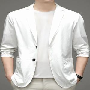 비즈니스 캐주얼 아이스 실크 남성 수트 재킷 가벼운 여름 패션 도시 스타일 긴팔 스탠다드 핏 라운드 헴라인