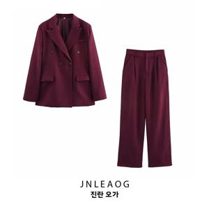 세련된 캐주얼 와인 레드 더블 브레스트 수트 세트 JNLEAOG 새로운 여성 스타일 심플 디자인 폴리에스터 섬유 긴팔