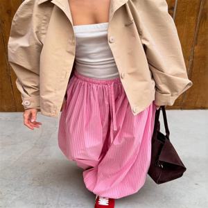 Tossy 스트라이프 레이스 업 캐주얼 여성 바지 패치 워크 루즈 스트리트웨어 바지 하이 웨이스트 통근 의류 여성 붕대 바지