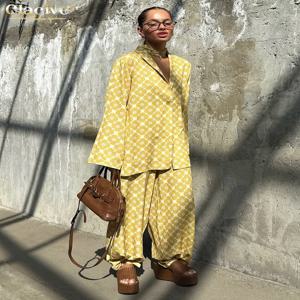 클라시브 패션 루즈 프린트 여성 투피스 세트 우아한 긴팔 블라우스와 하이웨이스트 와이드 팬츠 세트 여성 스트릿웨어