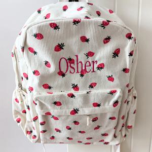 개인화 된 이름 학생 딸기 소프트 배낭 사용자 정의 수 놓은 이름 코듀로이 배낭 소녀의 Schoolbag 생일 선물 가방