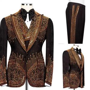 럭셔리 남성 정장 크리스탈 비즈 슬림핏 웨딩 신랑 턱시도 피크드 라펠 비즈니스 블레이저 세트 3피스 맞춤 제작