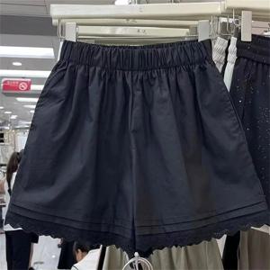 여성용 하이웨이스트 와이드 레그 휴가 비치 팬츠 루즈핏 얇은 홈 반바지, 화이트 레이스 트림 패치워크 캐주얼 반바지