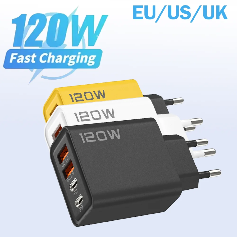 120W 고속 충전 USB 충전기 4포트 USB 타입 C 모바일 폰 충전 어댑터 아이폰 15/16 삼성 샤오미 화웨이 3.0 충전기