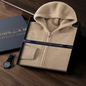 100% 순수 캐시미어 남성용 카디건 두꺼운 니트 지퍼 후드티 스포츠 캐주얼 따뜻한 스웨터 재킷