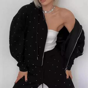 여성용 블랙 스포츠 슈트 지퍼 후디와 바지 세트 폴카 도트 2피스 세트 스포츠웨어 캐주얼 의상 트랙슈트