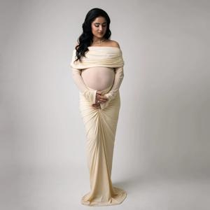 임산부 오프숄더 롱 슬리브 맥시 드레스 메쉬 패널 주름 베이비 샤워 촬영용 의상