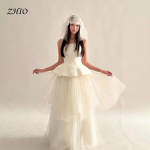 ZHIO 심플 스트랩 플리츠 A라인 튤 아이보리 웨딩드레스 촬영 한국 신부 드레스 코르셋/지퍼 백 맞춤 웨딩드레스