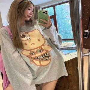 플러스 사이즈 여성용 긴팔 키티 고양이 티셔츠 루즈핏 캐주얼 아메리칸 스타일 코튼 프린트 탑 가을 패셔너블 이너웨어