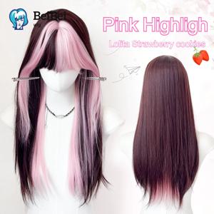 핑크 하이라이트 가발 로리타 딸기 쿠키 24인치 롱 스트레이트 헤어 가발 여성용 귀여운 합성 가발 일상용 코스프레용