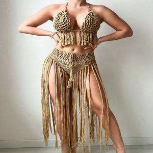 여성 플로럴 크로셰 꽃 장식 롱 태슬 비키니 세트 여름 수영복 홀터넥 스트링 타이 하이웨이스트 커버업 수영복