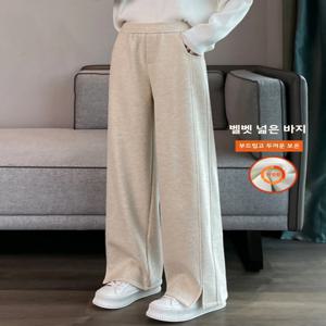 두꺼운 플리스 와이드 레그 팬츠 여성용 가을 겨울 하이웨이스트 스트레이트 캐주얼 바지 오픈 슬릿 바나나 팬츠