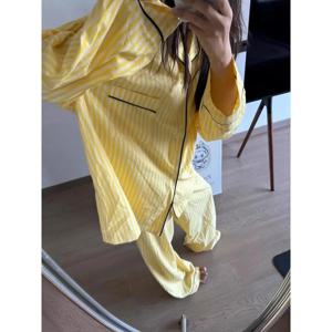 캐주얼 옐로우 스트라이프 클라우드 코튼 잠옷 긴팔 긴바지 레이지 스타일 홈웨어 세트 봄 가을 신상품