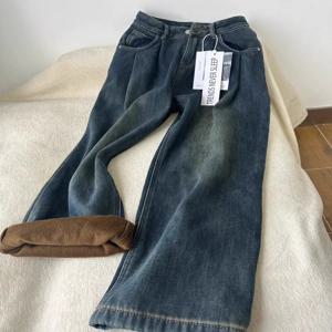 플러스 사이즈 플리스 안감 두꺼운 데님 청바지 여성 하이웨이스트 루즈핏 스트레이트 레그 롱 팬츠 캐주얼 편안하고 통기성 좋은