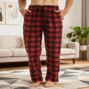 남성용 크리스마스 파자마 바지 겨울용 플리스 라운지 슬립웨어 가벼운 체크무늬 포켓이 있는 마이크로플리스 파자마 바지