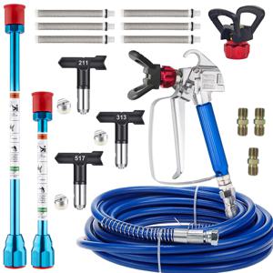 18피스 에어리스 페인트 스프레이어 키트, 3600Psi 에어리스 스프레이 건, 32피트 고압 호스, 3개의 교체 가능한 노즐, 2개의 연장봉, 6개의 필터, 2개의 노즐 홀더 및 3 1/4 더블 헤드 커넥터