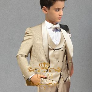 오뜨 꾸뛰르 남아용 3피스 샴페인 자카드 재킷 조끼 바지 슬림핏 세트 (웨딩 페이지보이, 크리스마스, 생일 파티, 어린이 선물용)