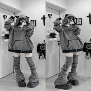 스트리트웨어 하라주쿠 후드티 재킷 여성 의류 후드 펑크 지퍼 코트 일본식 리벳 프린트 빈티지 캐주얼 Y2k 스웨트셔츠