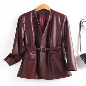 2025년 가을 여성 슬림핏 가죽 자켓 천연 양가죽 코트 롱 스타일 출퇴근 스타일 포켓 V넥 레귤러 소매